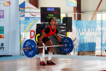 Thelma Tou, Women's 48kg weightlifting. Pacific Mini Games, Vanuatu, December 5, 2017.