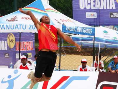 PNG's Moha Mea and Richard Kilarupa taking on Solomon Islands in their first match of the tournament.